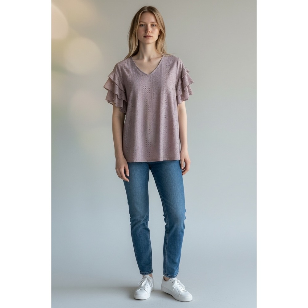 IN VOLAND Plus Size Mauve Lattice Eyelet Flutter Sleeve Tunic V Neck Top 18W
